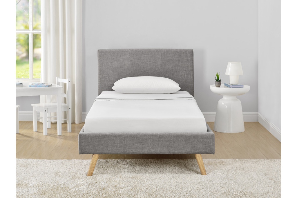 Cadre de lit style scandinave en tissu avec pieds bois - Gris clair - 90 x 190 cm