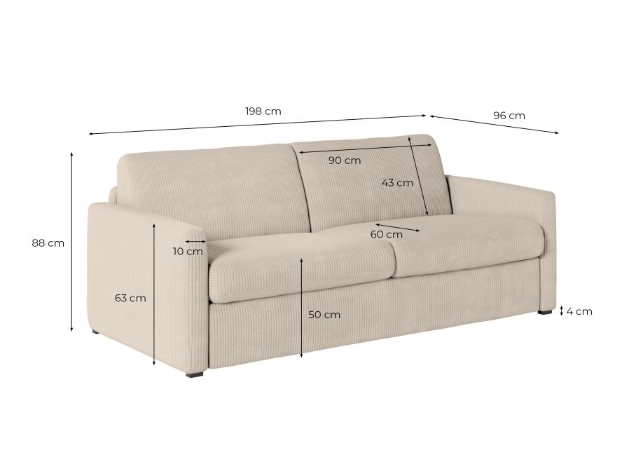 Canapé convertible système couchage express 3 places en velours côtelé - Beige - 160 cm