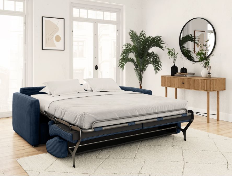Canapé convertible système couchage express 3 places en velours côtelé - Bleu foncé - 160 cm
