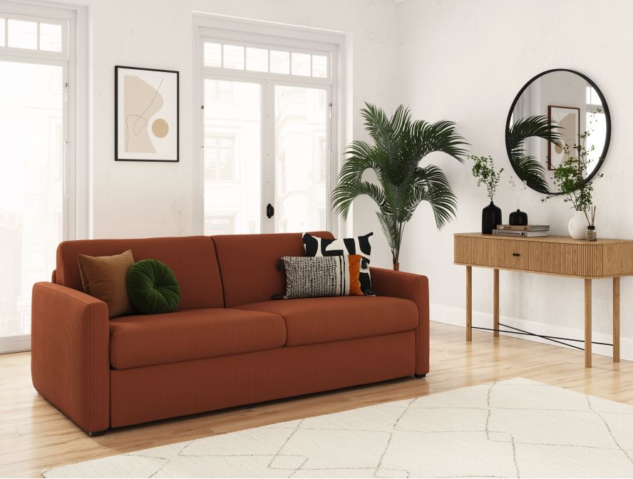 Canapé convertible système couchage express 3 places en velours côtelé - Terracotta - 160 cm