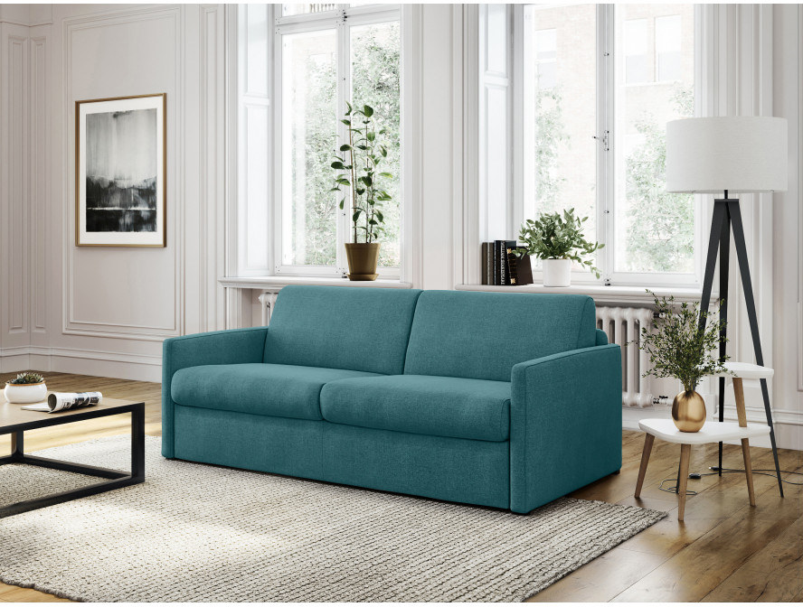 Canapé convertible ALYCE système couchage express 3 places en tissu - Bleu canard - 140 cm