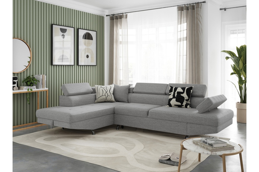 Canapé d'angle convertible RIO 5 places avec coffre de rangement en tissu - Gris clair - Angle Gauche