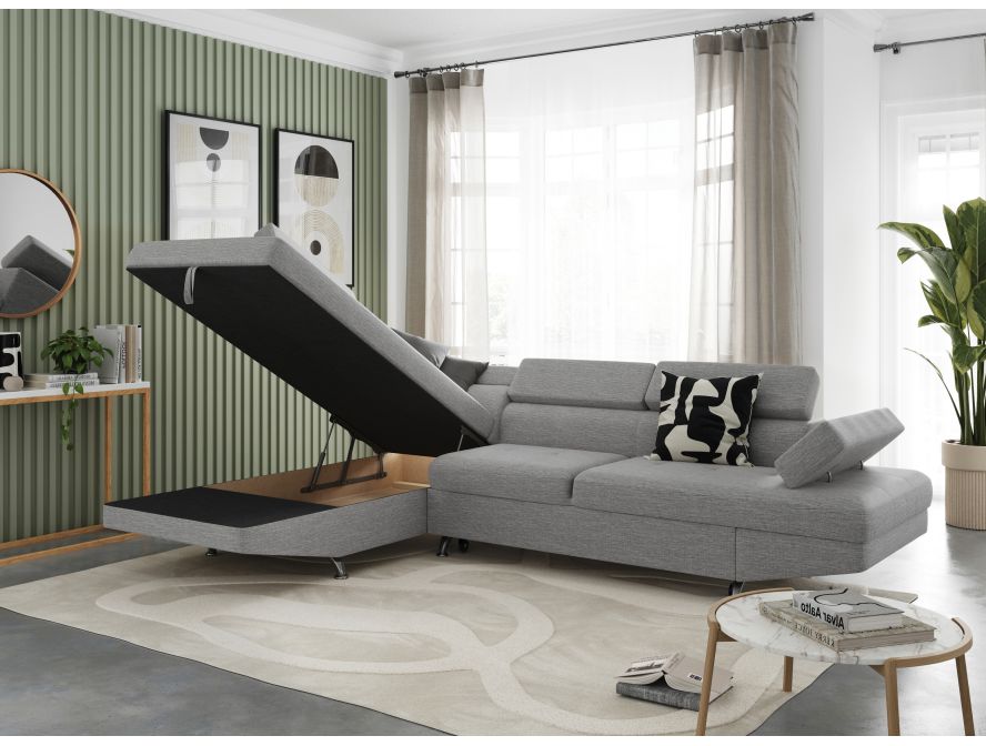 Canapé d'angle convertible RIO 5 places avec coffre de rangement en tissu - Gris clair - Angle Gauche