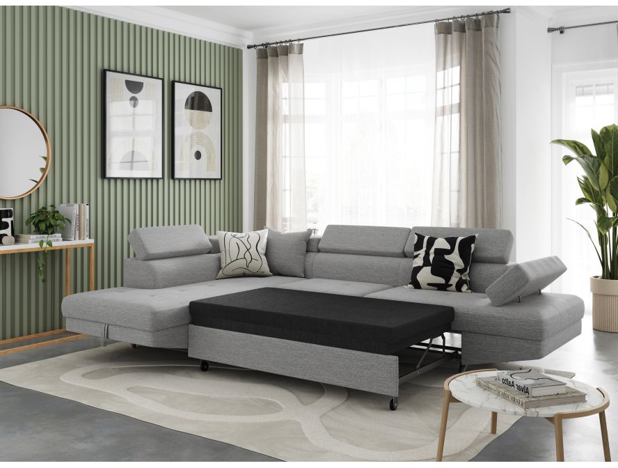 Canapé d'angle convertible RIO 5 places avec coffre de rangement en tissu - Gris clair - Angle Gauche