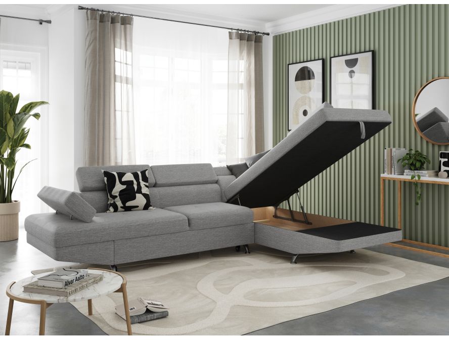Canapé d'angle convertible RIO 5 places avec coffre de rangement en tissu - Gris clair - Angle Droit