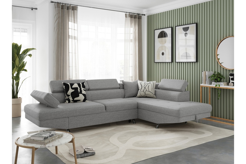 Canapé d'angle convertible RIO 5 places avec coffre de rangement en tissu - Gris clair - Angle Droit