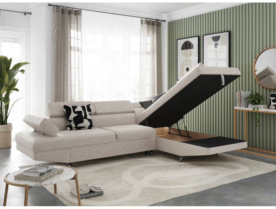 Canapé d'angle convertible RIO 5 places avec coffre de rangement en tissu - Beige - Angle Droit
