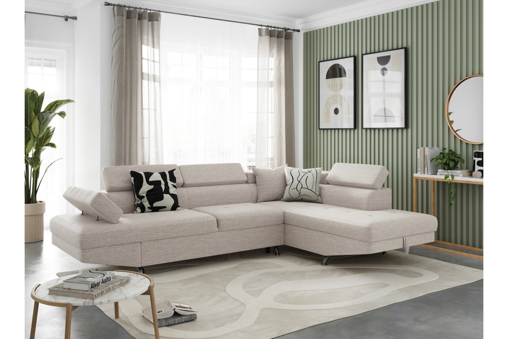 Canapé d'angle convertible RIO 5 places avec coffre de rangement en tissu - Beige - Angle Droit
