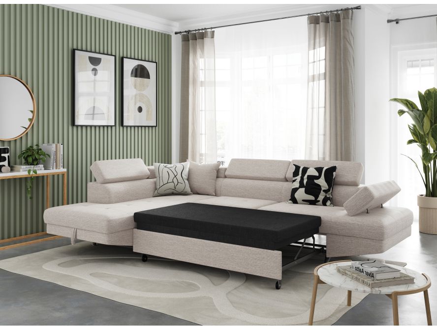 Canapé d'angle convertible RIO 5 places avec coffre de rangement en tissu - Beige - Angle Gauche