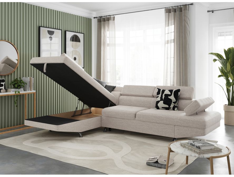 Canapé d'angle convertible RIO 5 places avec coffre de rangement en tissu - Beige - Angle Gauche