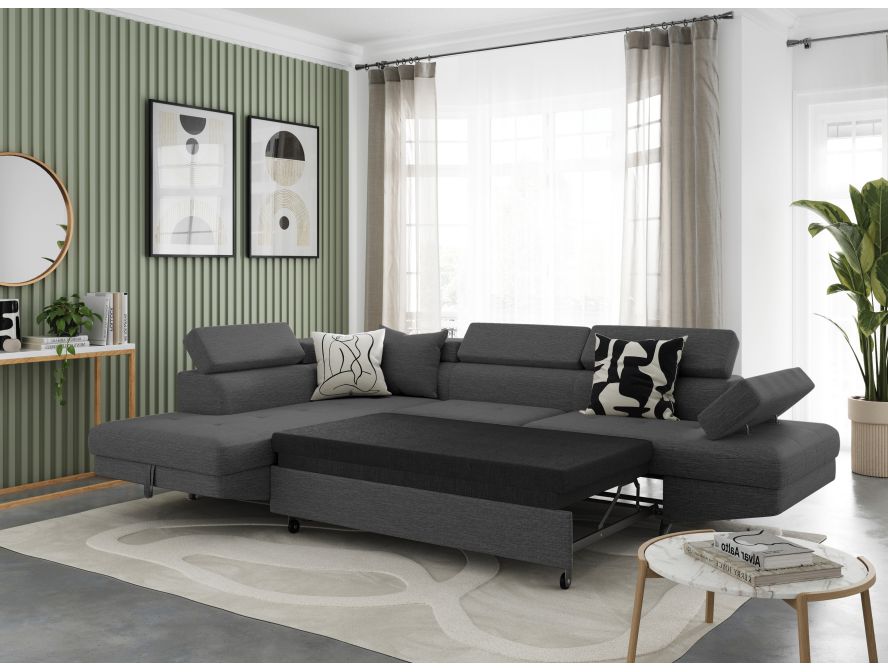 Canapé d'angle convertible RIO 5 places avec coffre de rangement en tissu - Gris foncé - Angle Gauche