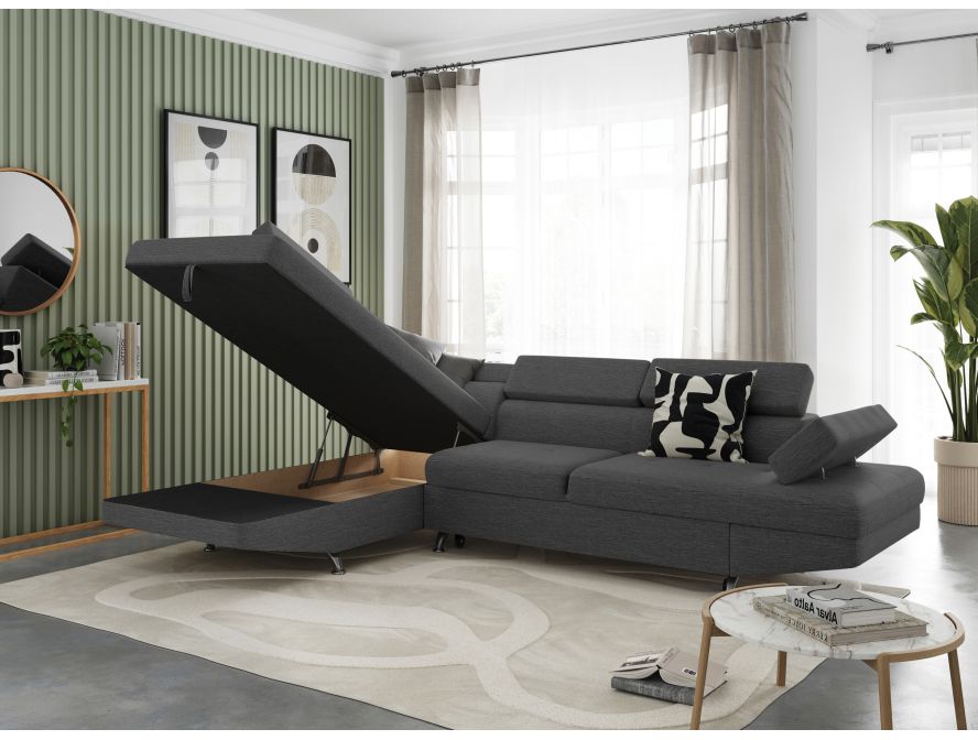 Canapé d'angle convertible RIO 5 places avec coffre de rangement en tissu - Gris foncé - Angle Gauche