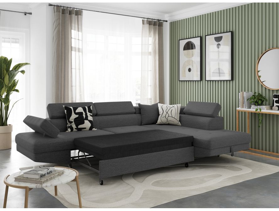 Canapé d'angle convertible RIO 5 places avec coffre de rangement en tissu - Gris foncé - Angle Droit