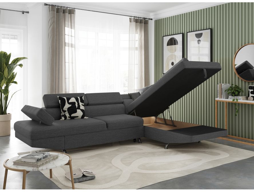Canapé d'angle convertible RIO 5 places avec coffre de rangement en tissu - Gris foncé - Angle Droit