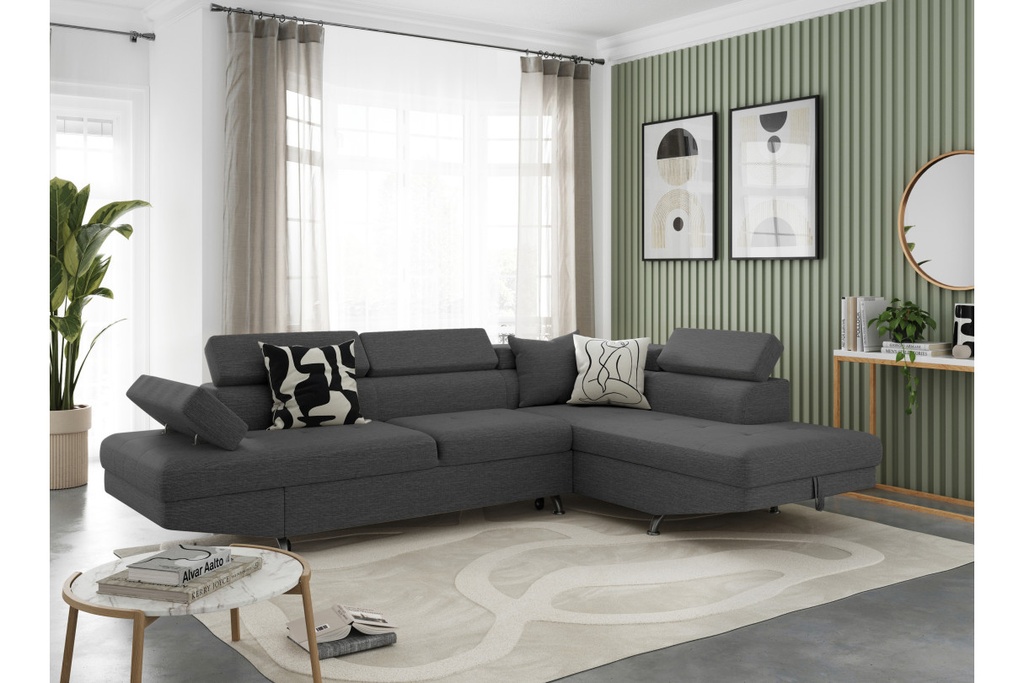 Canapé d'angle convertible RIO 5 places avec coffre de rangement en tissu - Gris foncé - Angle Droit