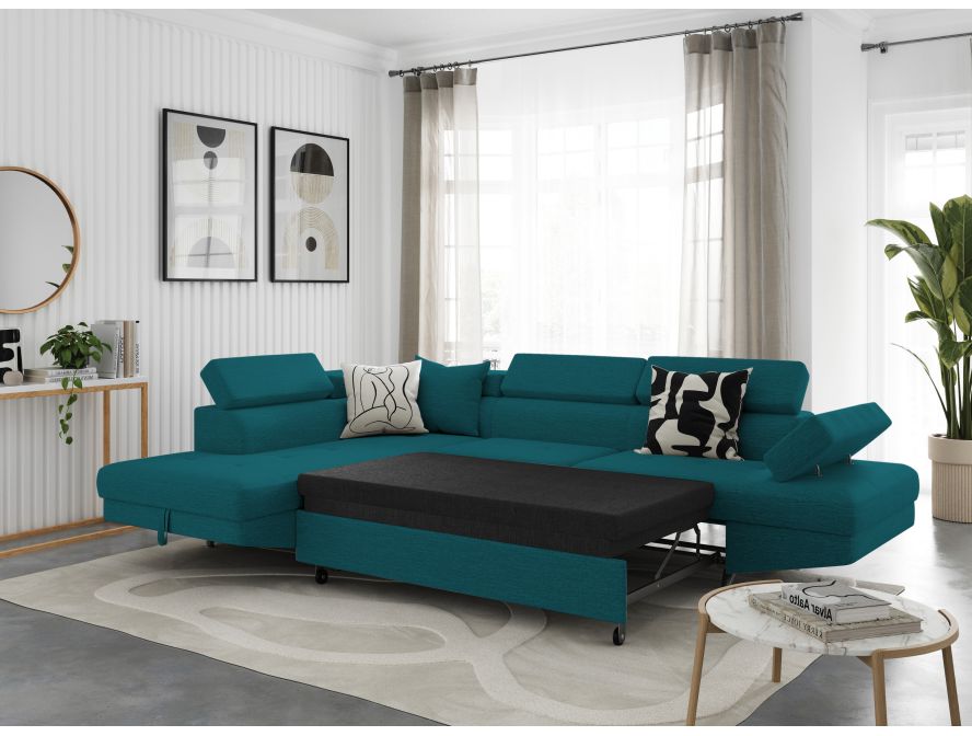 Canapé d'angle convertible RIO 5 places avec coffre de rangement en tissu - Bleu canard - Angle Gauche