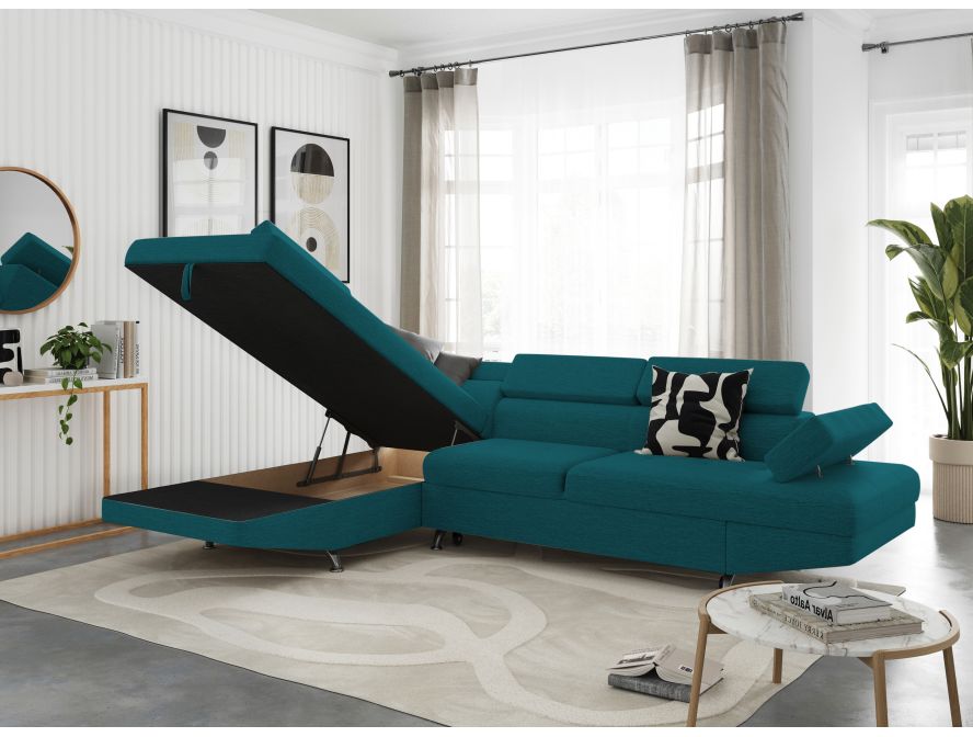 Canapé d'angle convertible RIO 5 places avec coffre de rangement en tissu - Bleu canard - Angle Gauche