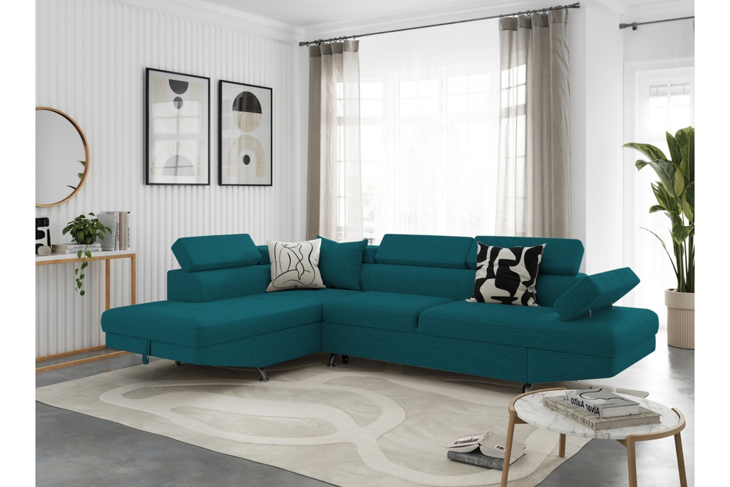 Canapé d'angle convertible RIO 5 places avec coffre de rangement en tissu - Bleu canard - Angle Gauche
