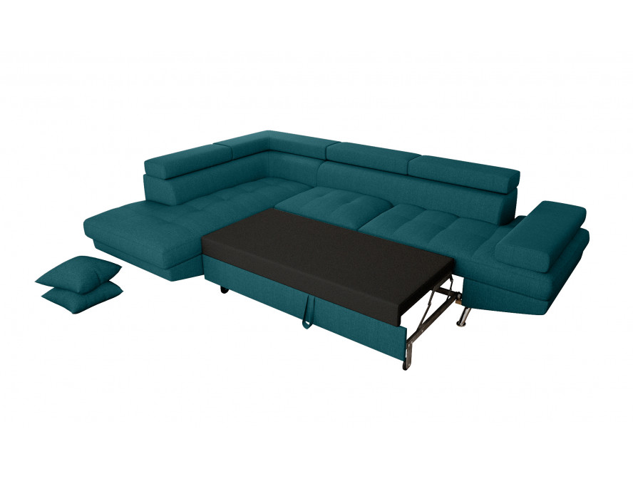 Canapé d'angle convertible RIO 5 places avec coffre de rangement en tissu - Bleu canard - Angle Gauche