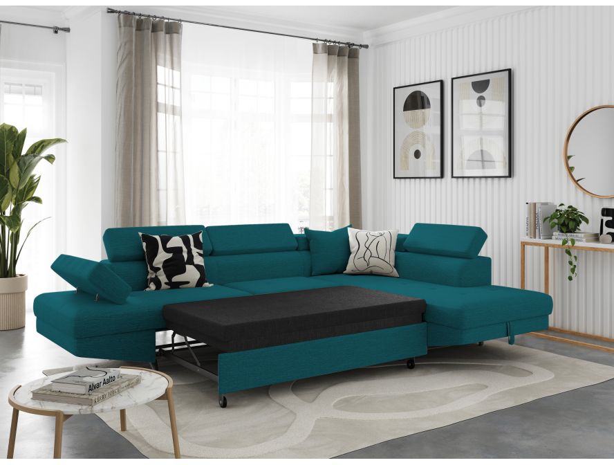 Canapé d'angle convertible 5 places avec coffre de rangement en tissu - Bleu canard - Angle Droit
