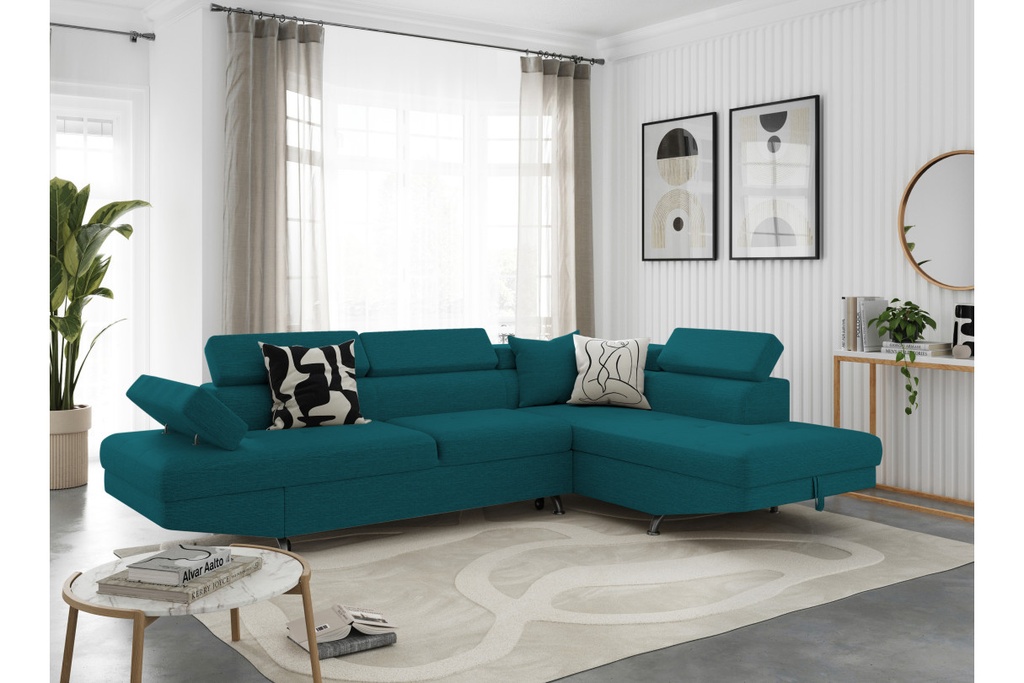 Canapé d'angle convertible 5 places avec coffre de rangement en tissu - Bleu canard - Angle Droit