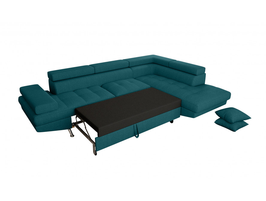 Canapé d'angle convertible 5 places avec coffre de rangement en tissu - Bleu canard - Angle Droit