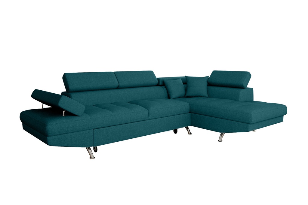 Canapé d'angle convertible 5 places avec coffre de rangement en tissu - Bleu canard - Angle Droit