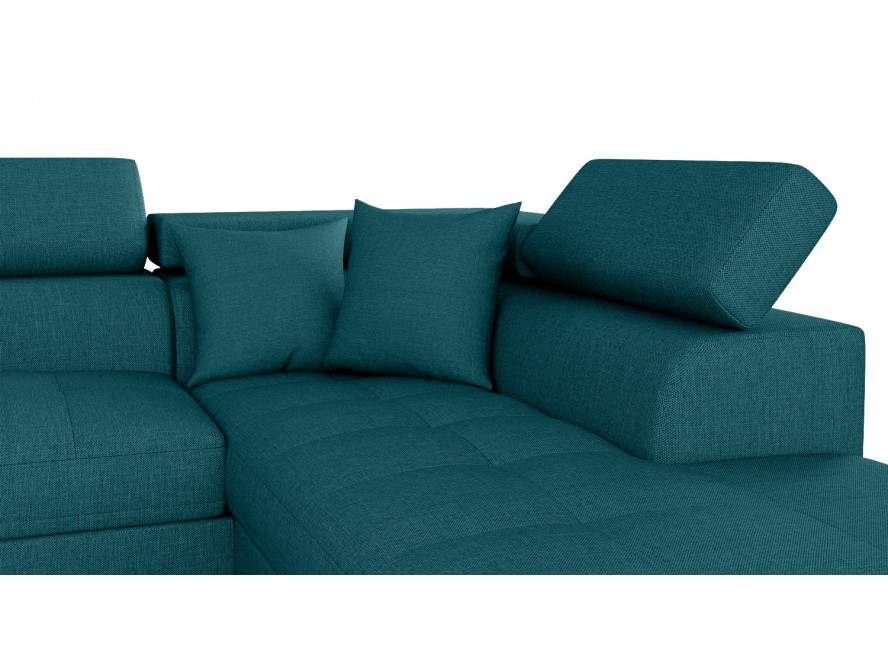 Canapé d'angle convertible 5 places avec coffre de rangement en tissu - Bleu canard - Angle Droit