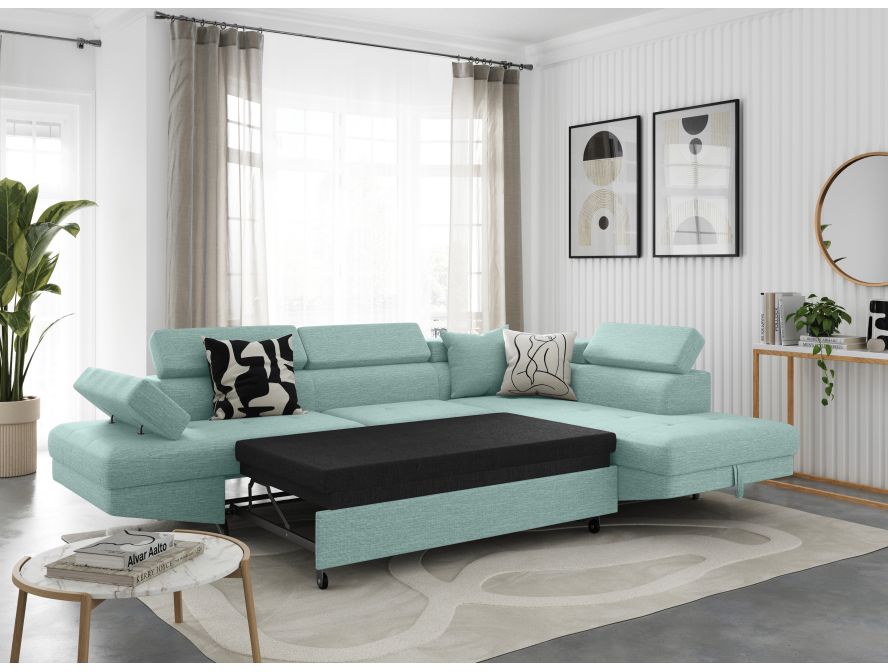 Canapé d'angle convertible RIO 5 places avec coffre de rangement en tissu - Bleu clair - Angle Droit