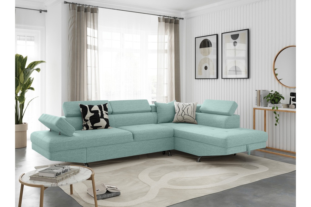 Canapé d'angle convertible RIO 5 places avec coffre de rangement en tissu - Bleu clair - Angle Droit