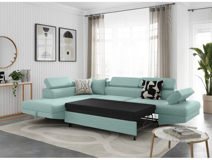 Canapé d'angle convertible RIO 5 places avec coffre de rangement en tissu - Bleu clair - Angle Gauche