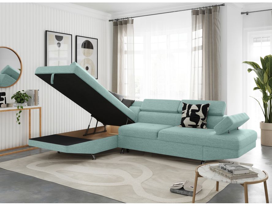 Canapé d'angle convertible RIO 5 places avec coffre de rangement en tissu - Bleu clair - Angle Gauche