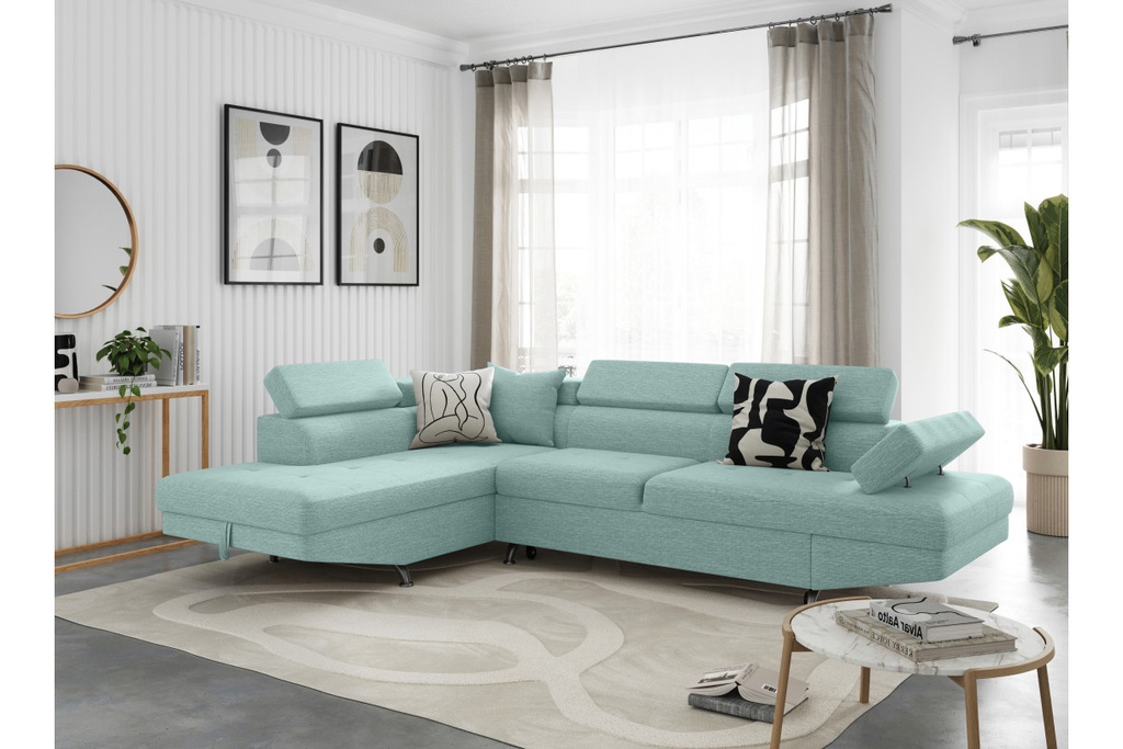 Canapé d'angle convertible RIO 5 places avec coffre de rangement en tissu - Bleu clair - Angle Gauche