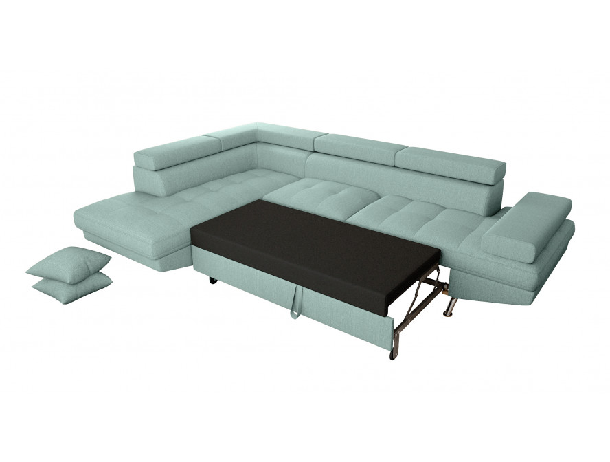 Canapé d'angle convertible RIO 5 places avec coffre de rangement en tissu - Bleu clair - Angle Gauche