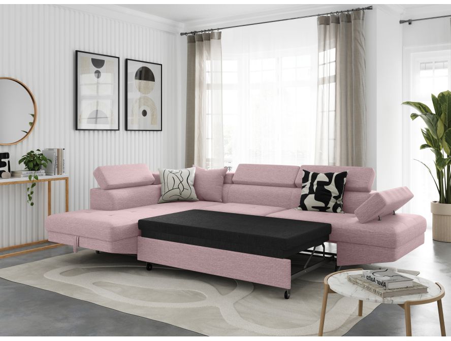 Canapé d'angle convertible RIO 5 places avec coffre de rangement en tissu - Vieux rose - Angle Gauche