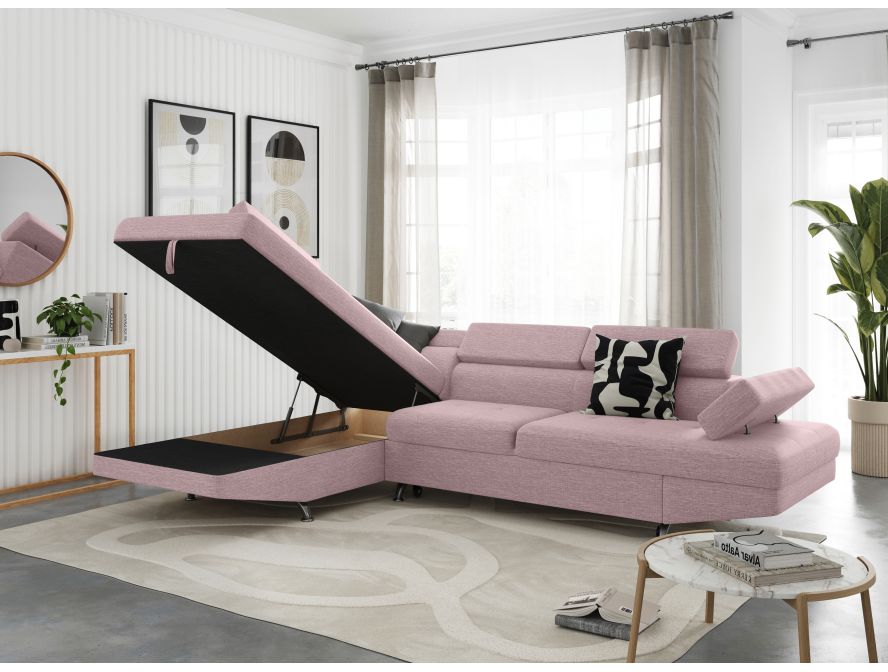 Canapé d'angle convertible RIO 5 places avec coffre de rangement en tissu - Vieux rose - Angle Gauche