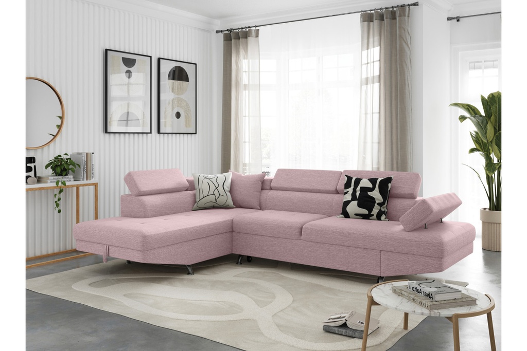 Canapé d'angle convertible RIO 5 places avec coffre de rangement en tissu - Vieux rose - Angle Gauche