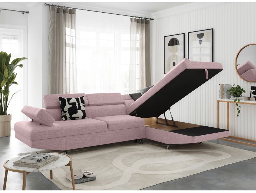 Canapé d'angle convertible RIO 5 places avec coffre de rangement en tissu - Vieux rose - Angle Droit