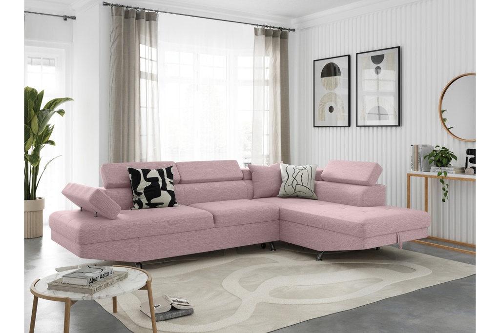 Canapé d'angle convertible RIO 5 places avec coffre de rangement en tissu - Vieux rose - Angle Droit