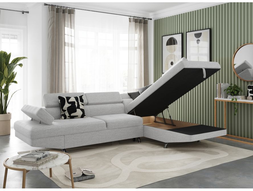 Canapé d'angle convertible RIO 5 places avec coffre de rangement en tissu - Gris perle - Angle Droit