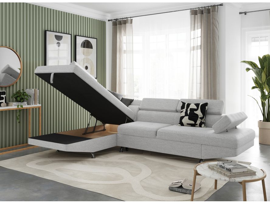 Canapé d'angle convertible RIO 5 places avec coffre de rangement en tissu - Gris perle - Angle Gauche