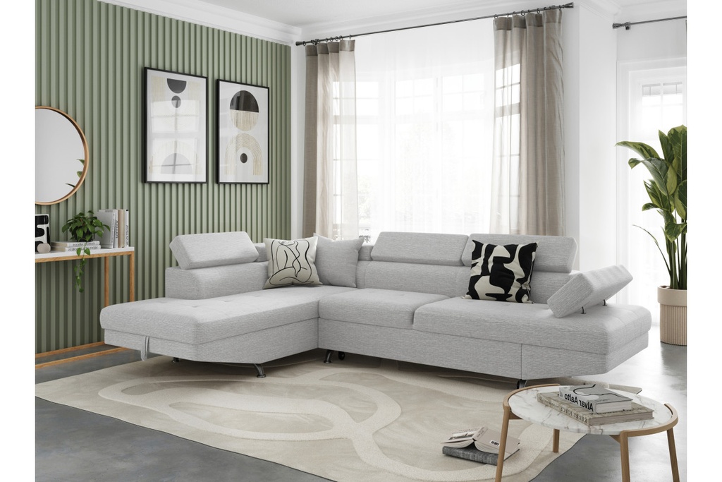 Canapé d'angle convertible RIO 5 places avec coffre de rangement en tissu - Gris perle - Angle Gauche