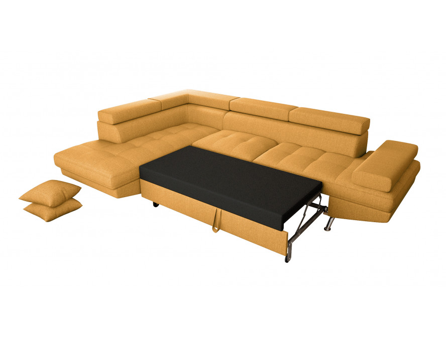 Canapé d'angle convertible RIO 5 places avec coffre de rangement en tissu - Jaune ocre - Angle Gauche
