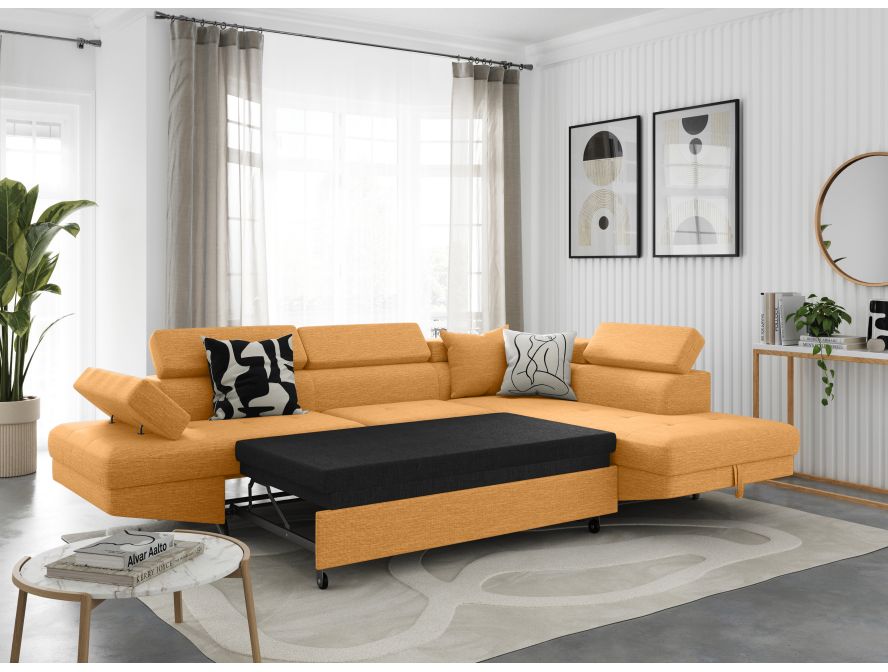 Canapé d'angle convertible RIO 5 places avec coffre de rangement en tissu - Jaune ocre - Angle Droit