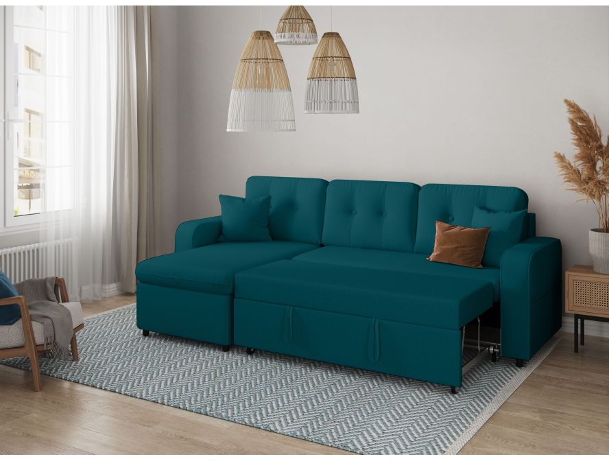 Canapé d'angle convertible réversible MARIVO en tissu - Bleu pétrole