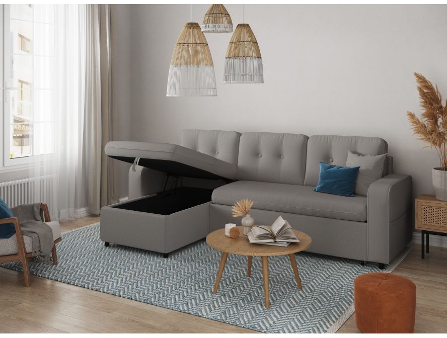 Canapé d'angle convertible réversible MARIVO  en tissu - Gris clair