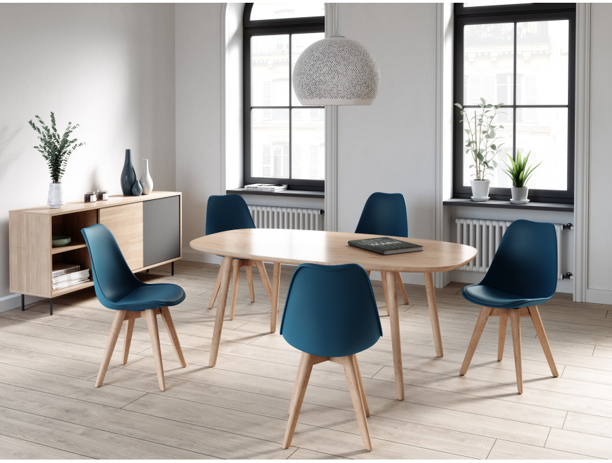 Lot de 2 chaises scandinaves TOMY en polypropylène coussin simili pieds en bois - Bleu pétrole