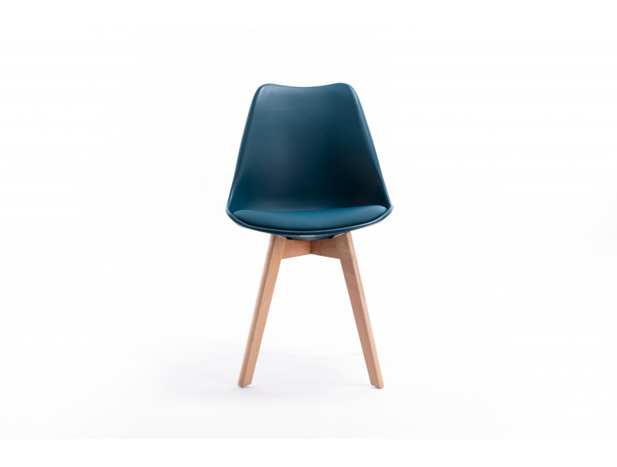 Lot de 2 chaises scandinaves TOMY en polypropylène coussin simili pieds en bois - Bleu pétrole