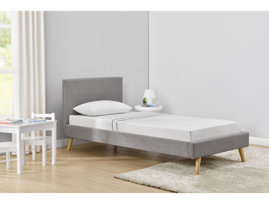 Cadre de lit style scandinave en tissu avec pieds bois - Gris clair - 90 x 190 cm